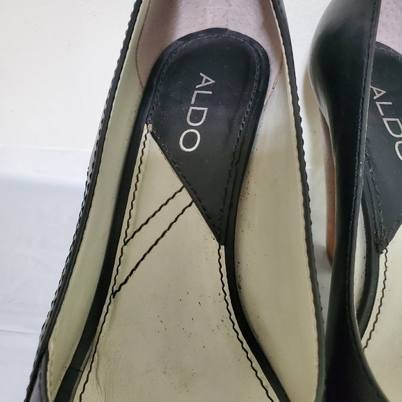 ALDO PUMPS LEATHER BLACK WOODEN HEELS SZ 6 SHOES - Picture 5 of 9
